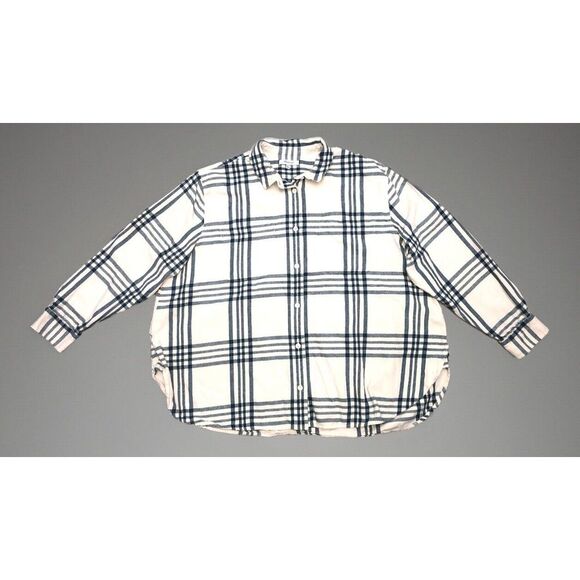 Madewell Women's XXL Oversized Flannel Shirt Button Down Cream Teal Plaid Boho - Picture 2 of 8